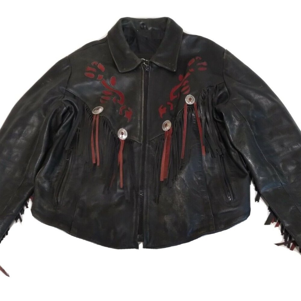 Vintage 1980's  Women's 1st Genuine Leather Biker Fringe Jacket Chest 46"